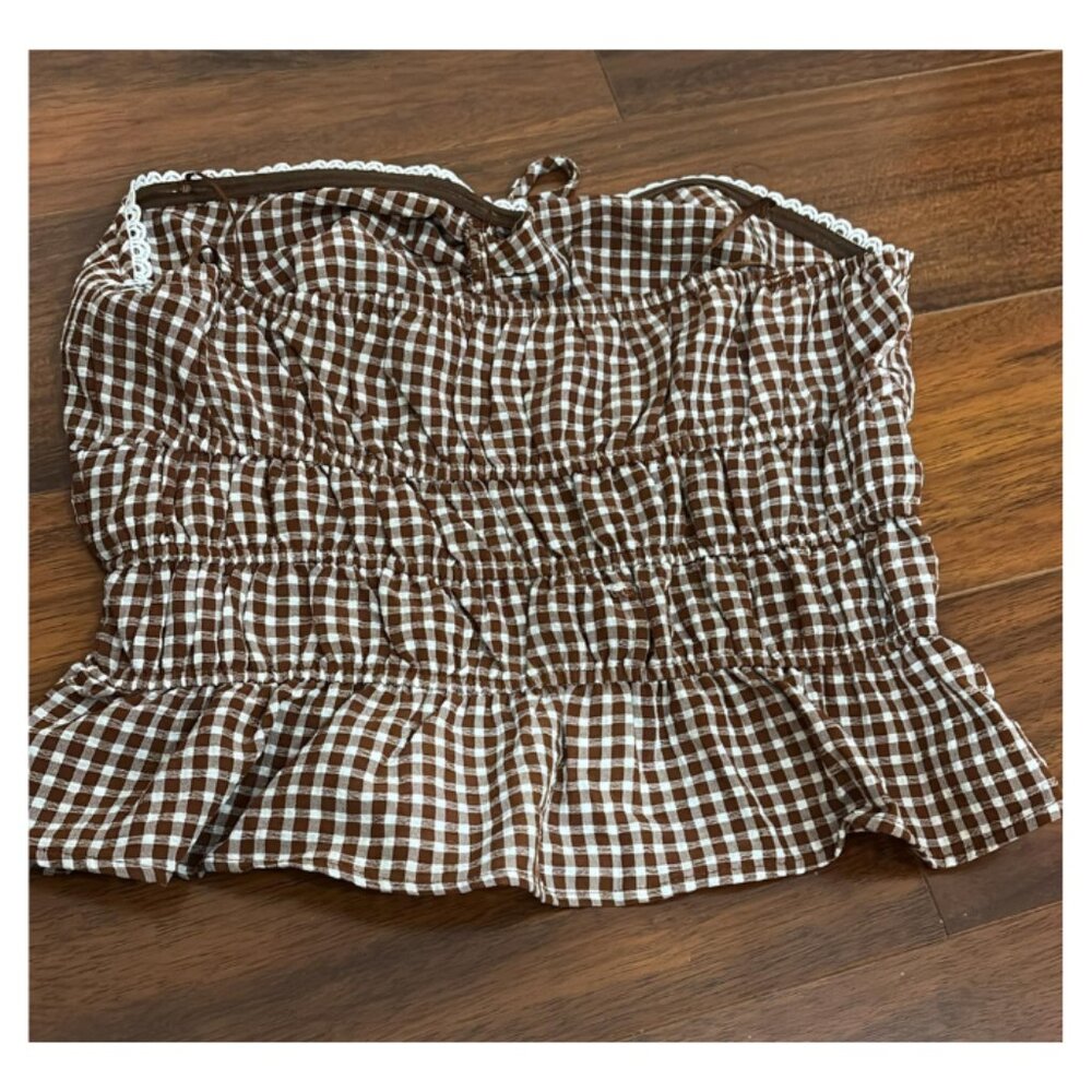 Sienna Sky Brown & White Gingham Smocked Tube Top Ruffle Lace Trim - Picture 3 of 4